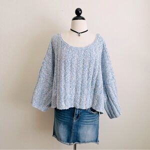 Free People Blue and White Ribbed Knit Semi-Cropped Boxy Scoop Neck Sweater